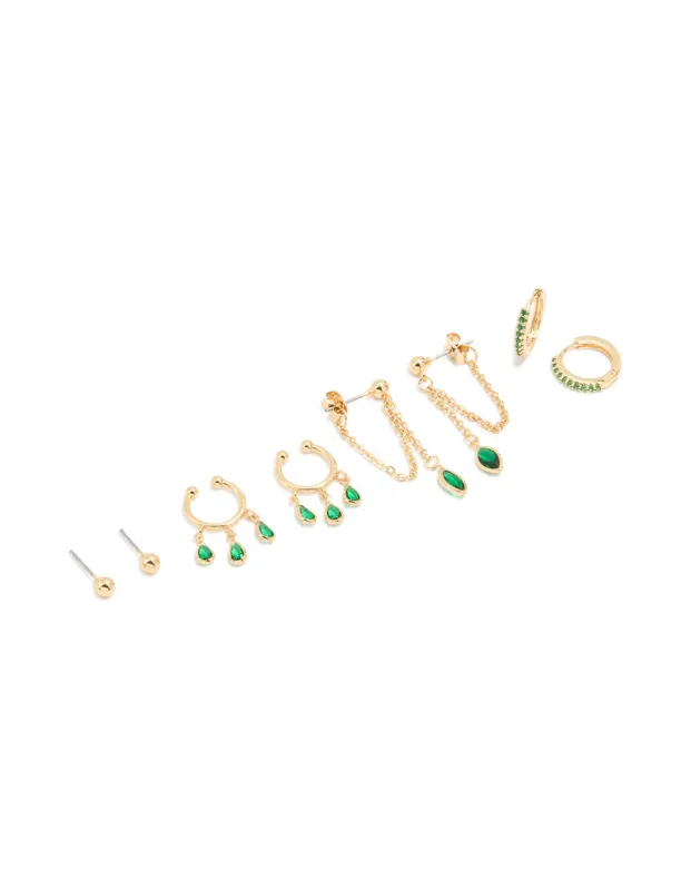 Gold Plated Green Cubic Zirconia Ear Cuff & Huggie Earrings 4-Pack sold by lovisa