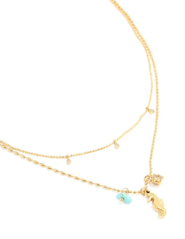Waterproof Gold Plated Stainless Steel Cubic Zirconia & Seahorse Layered Necklace sold by lovisa
