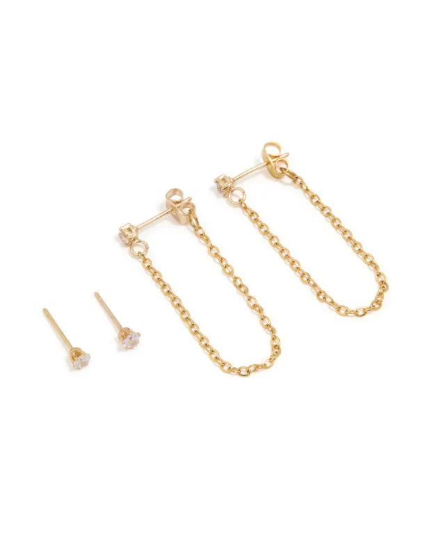 Waterproof Gold Plated Stainless Steel Cubic Zirconia Studs & Dainty Chain Earrings 2-Pack sold by lovisa