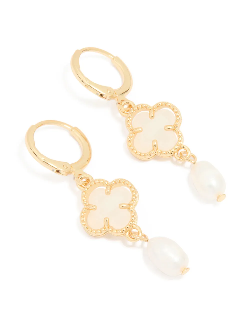 Gold Plated Freshwater Pearl Flower Huggie Drop Earrings sold by lovisa