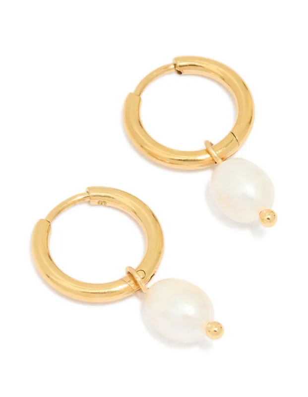 Waterproof Gold Plated Stainless Steel Mini Pearl Drop Huggie Earrings sold by lovisa