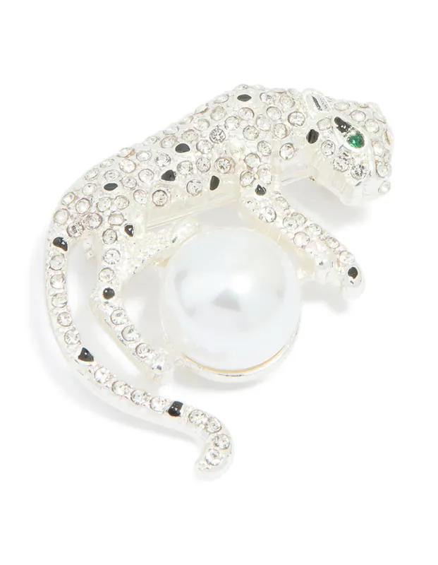 Silver Diamante Jaguar & Pearl Brooch sold by lovisa