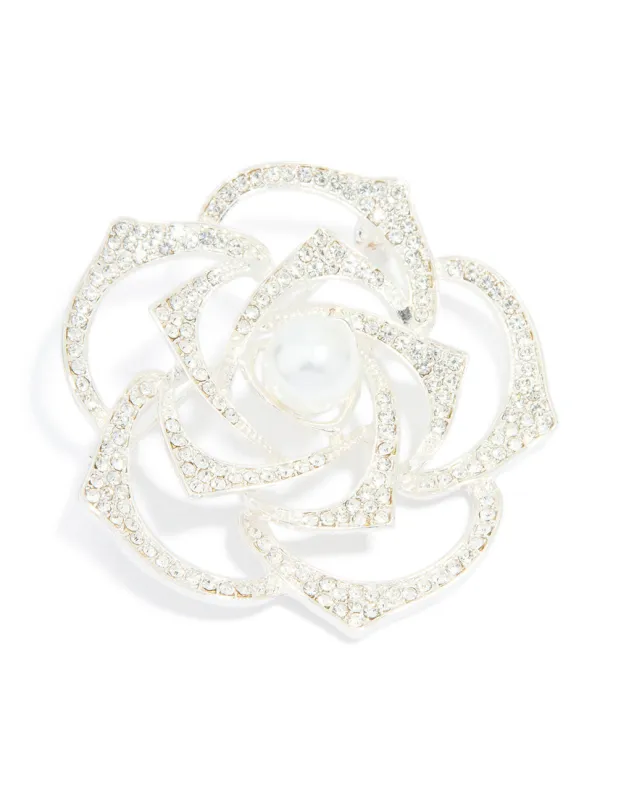 Silver Diamante & Pearl Rose Brooch sold by lovisa