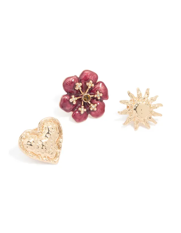 Gold Textured Heart & Flower Brooches 3-Pack sold by lovisa