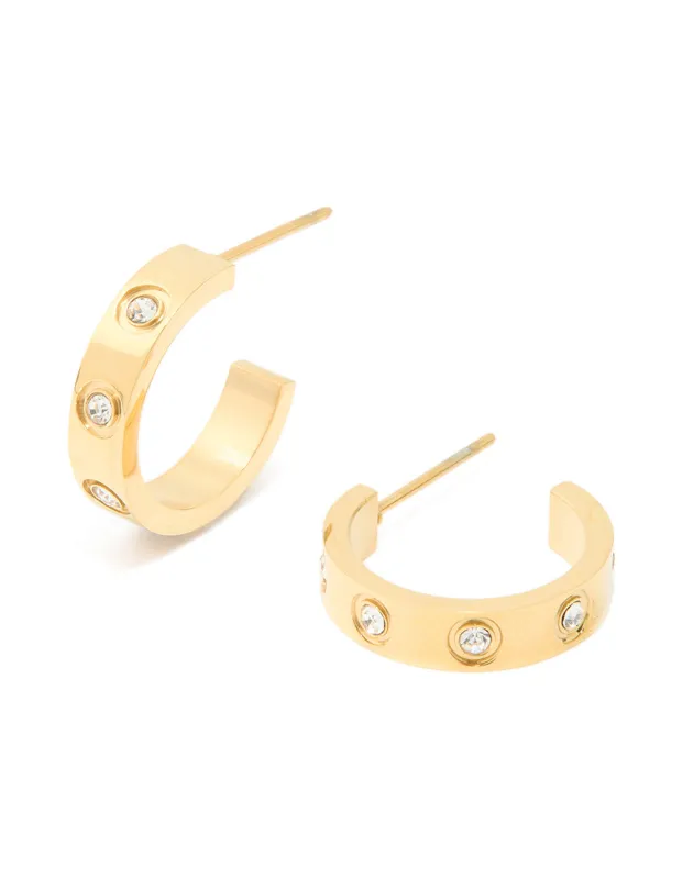 Waterproof Gold Plated Stainless Steel Cubic Zirconia Square Hoop Earrings sold by lovisa
