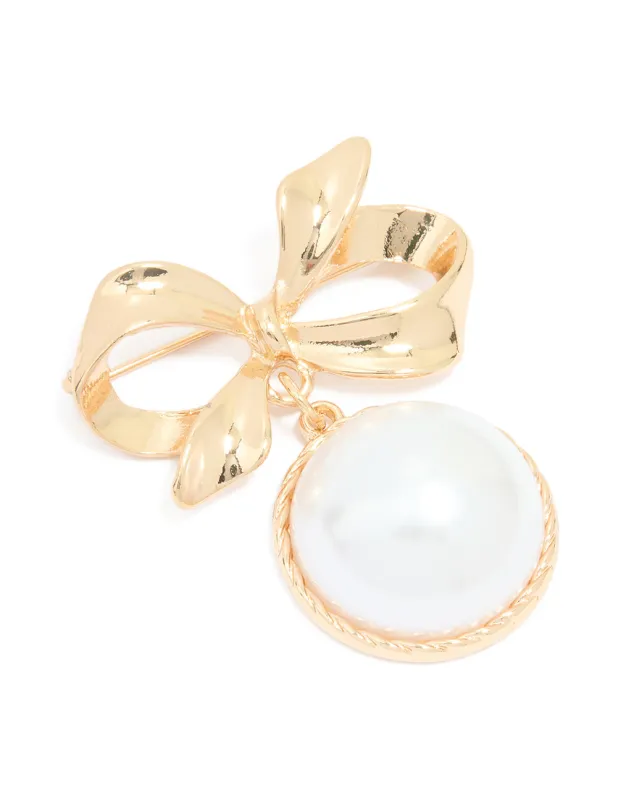 Gold Large Drop Pearl & Bow Brooch sold by lovisa