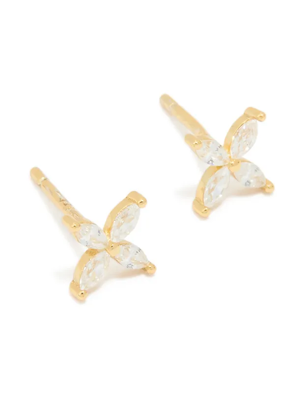 Waterproof Gold Plated Stainless Steel Cubic Zirconia Flower Stud Earrings sold by lovisa