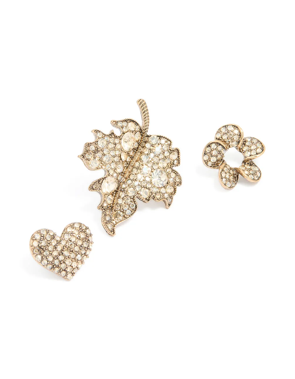 Worn Gold Diamante Leaf Brooches 3-Pack sold by lovisa