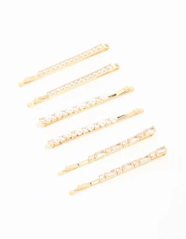 Gold Cubic Zirconia & Pearl Hair Clips 6-Pack sold by lovisa