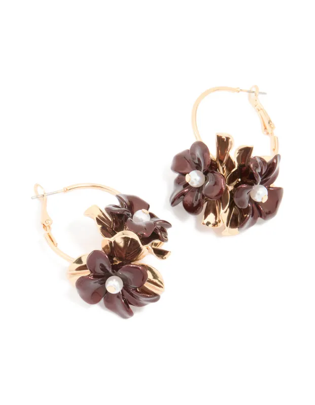 Burgundy Beaded Flower Round Drop Earrings sold by lovisa