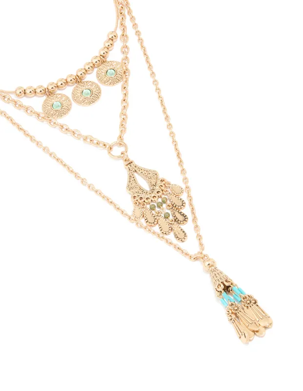 Antique Gold Charm Tassel Layered Necklace sold by lovisa