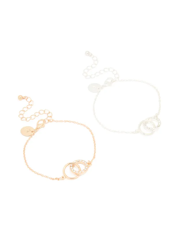 Mixed Metals Diamante Open Circle Bracelets 2-Pack sold by lovisa