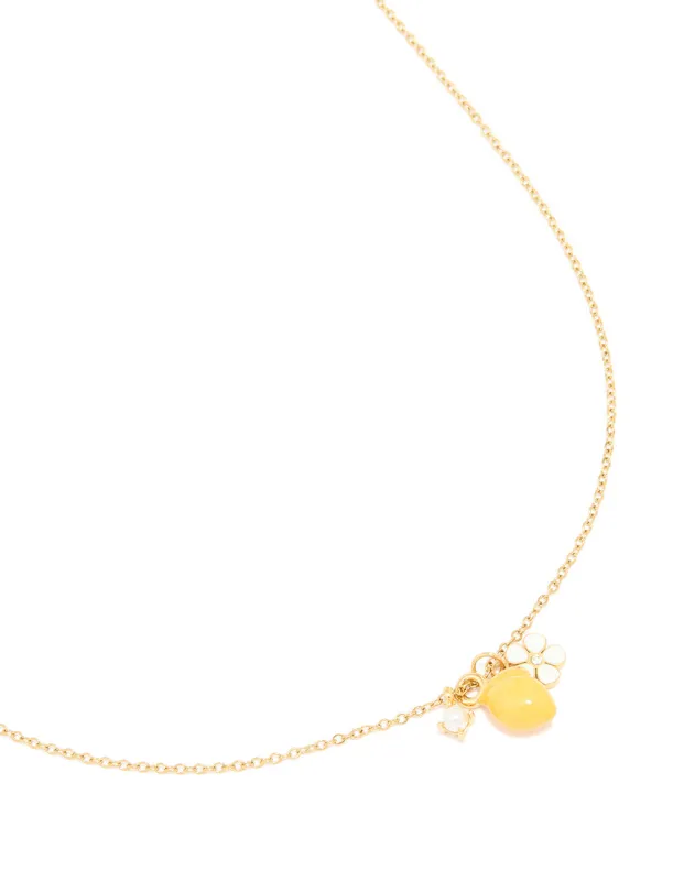 Waterproof Gold Plated Stainless Steel Lemon & Flower Cluster Necklace sold by lovisa