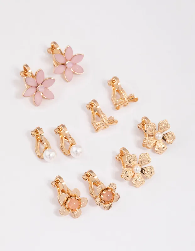 Gold Pretty Flower Clip On Earrings 5-Pack sold by lovisa