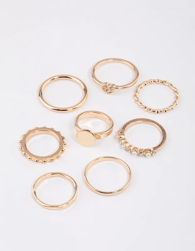 Gold Disc & Diamante Heart Ring 8-Pack sold by lovisa