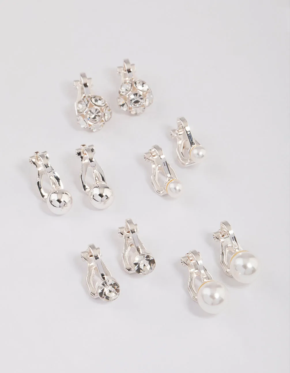 Silver Pearl & Diamante Ball Clip On Earrings 5-Pack sold by lovisa