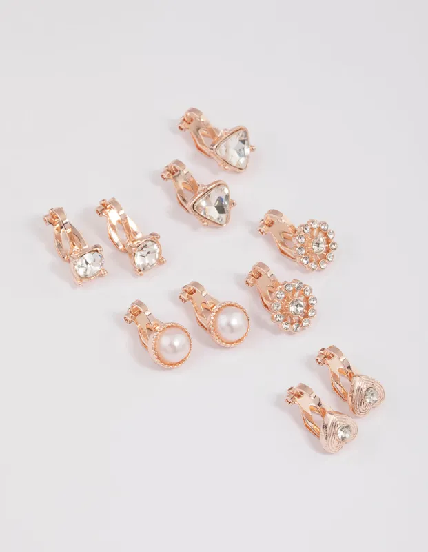 Rose Gold Heart & Flower Clip On Earrings 5-Pack sold by lovisa