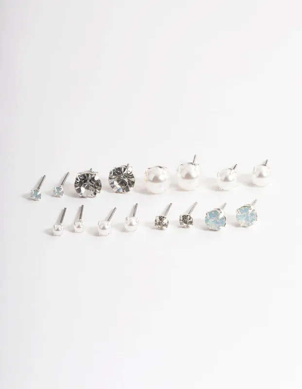 Silver Pearl & Diamante Stud Earrings 8-Pack sold by lovisa