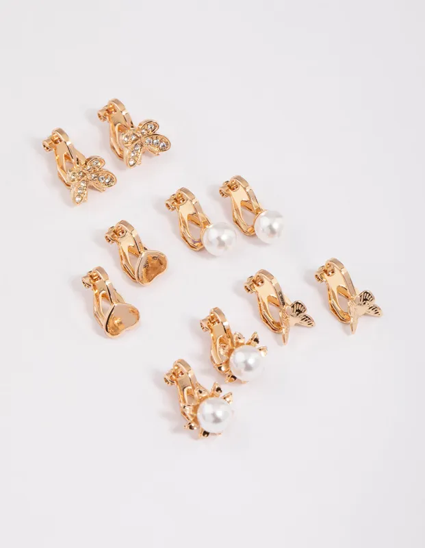 Gold Pretty Motif Clip On Earrings 5-Pack sold by lovisa