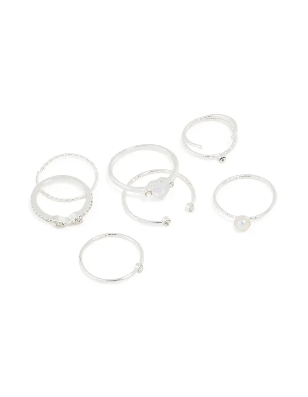 Silver Dainty Diamante & Pearl Ring Pack sold by lovisa