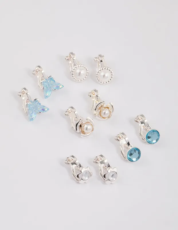 Silver Flower & Butterfly Clip On Earrings 5-Pack sold by lovisa