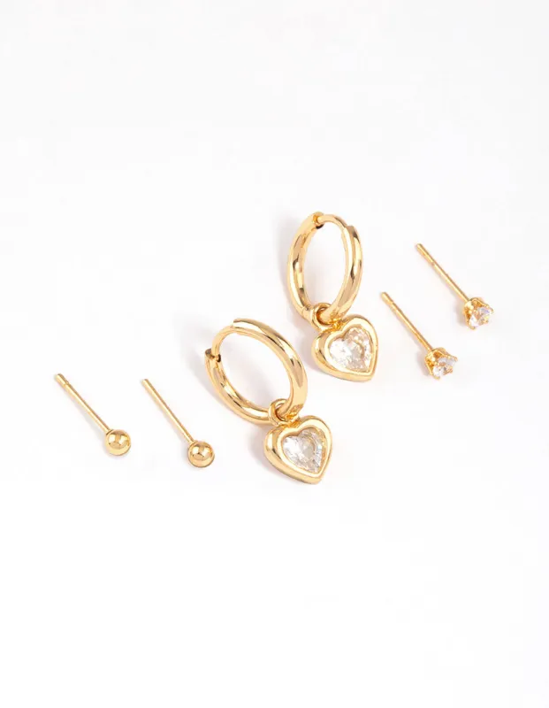 Gold Plated Surgical Steel Chubby Heart & Stud Earrings Pack sold by lovisa