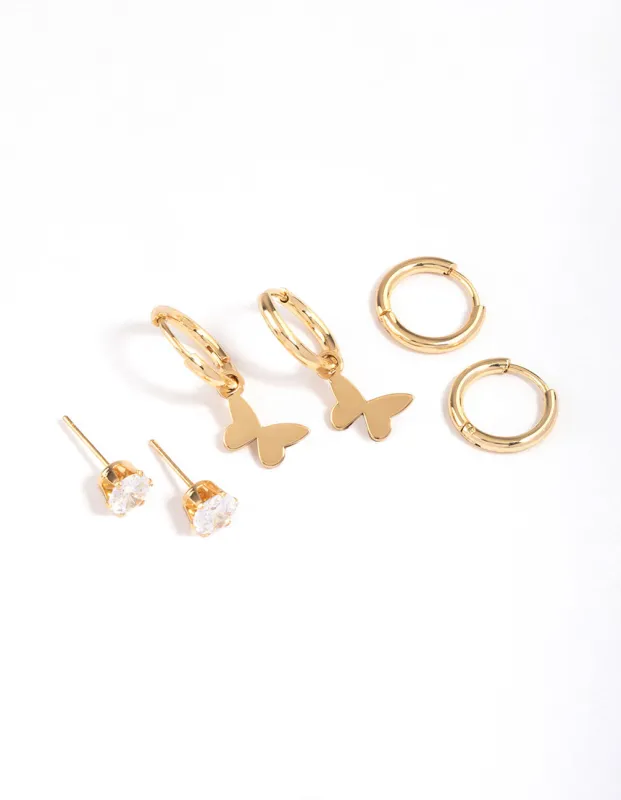 Gold Plated Surgical Steel Cubic Zirconia Butterfly Charm Earrings Pack sold by lovisa