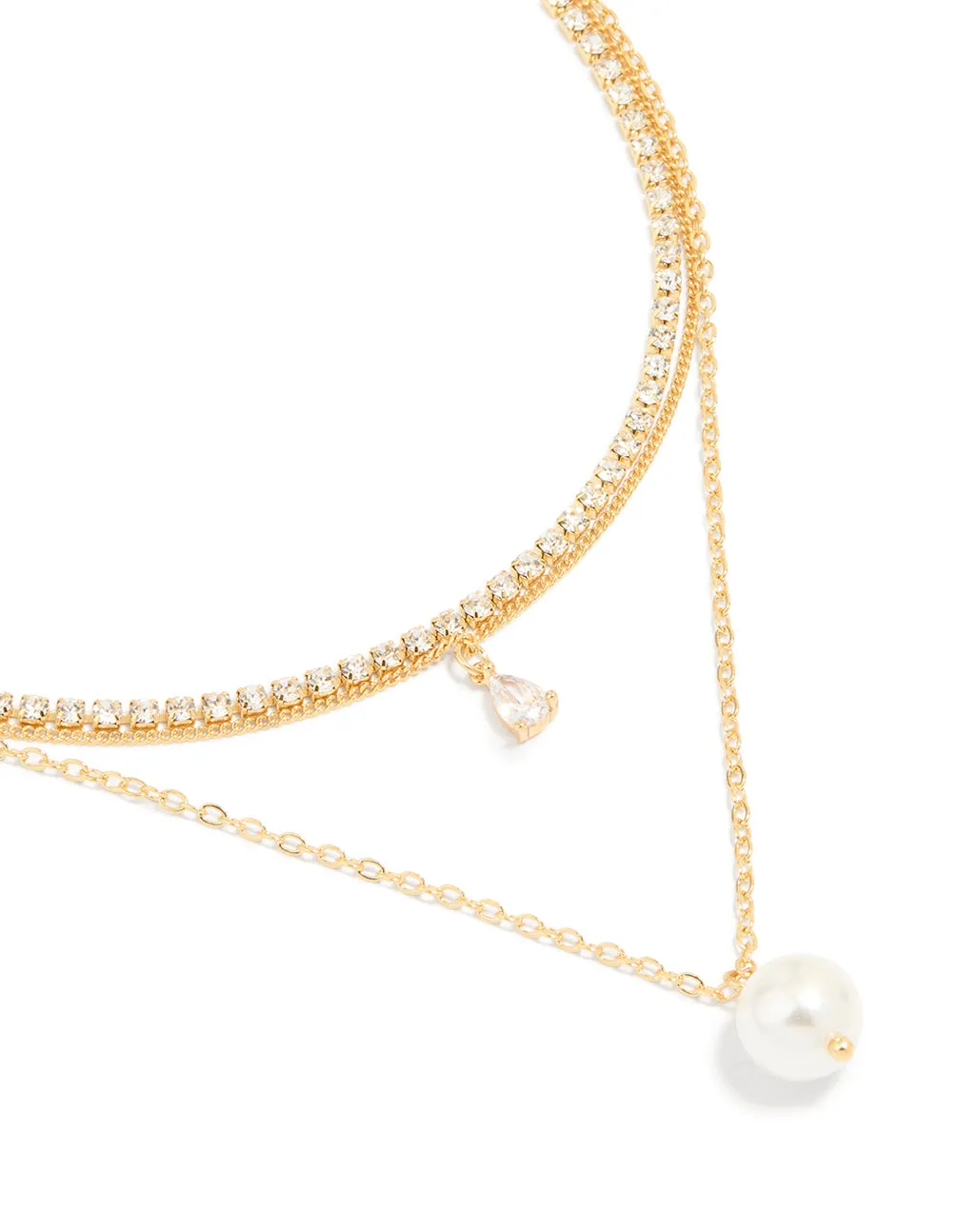 Gold Plated Diamante & Pearl Pendant Layered Necklace sold by lovisa