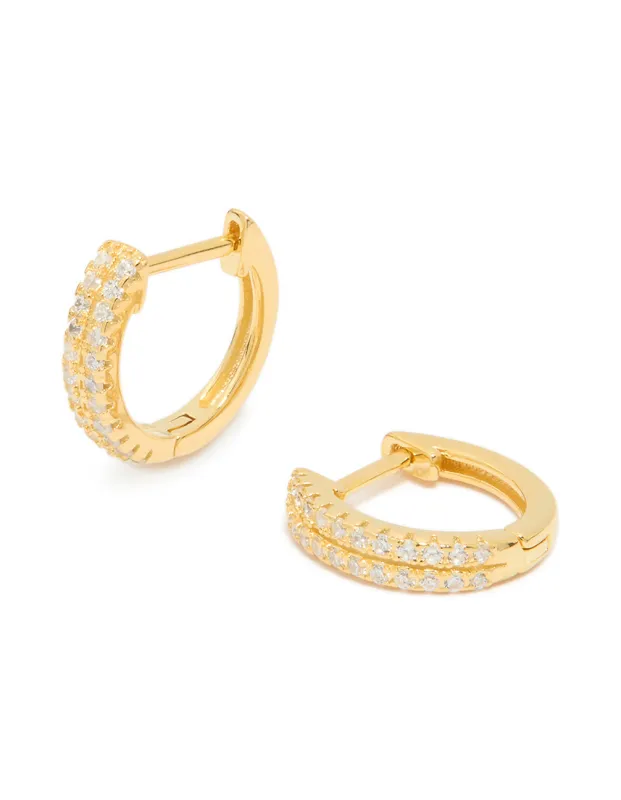 Gold Plated Sterling Silver Double Row Cubic Zirconia Huggie Earrings sold by lovisa