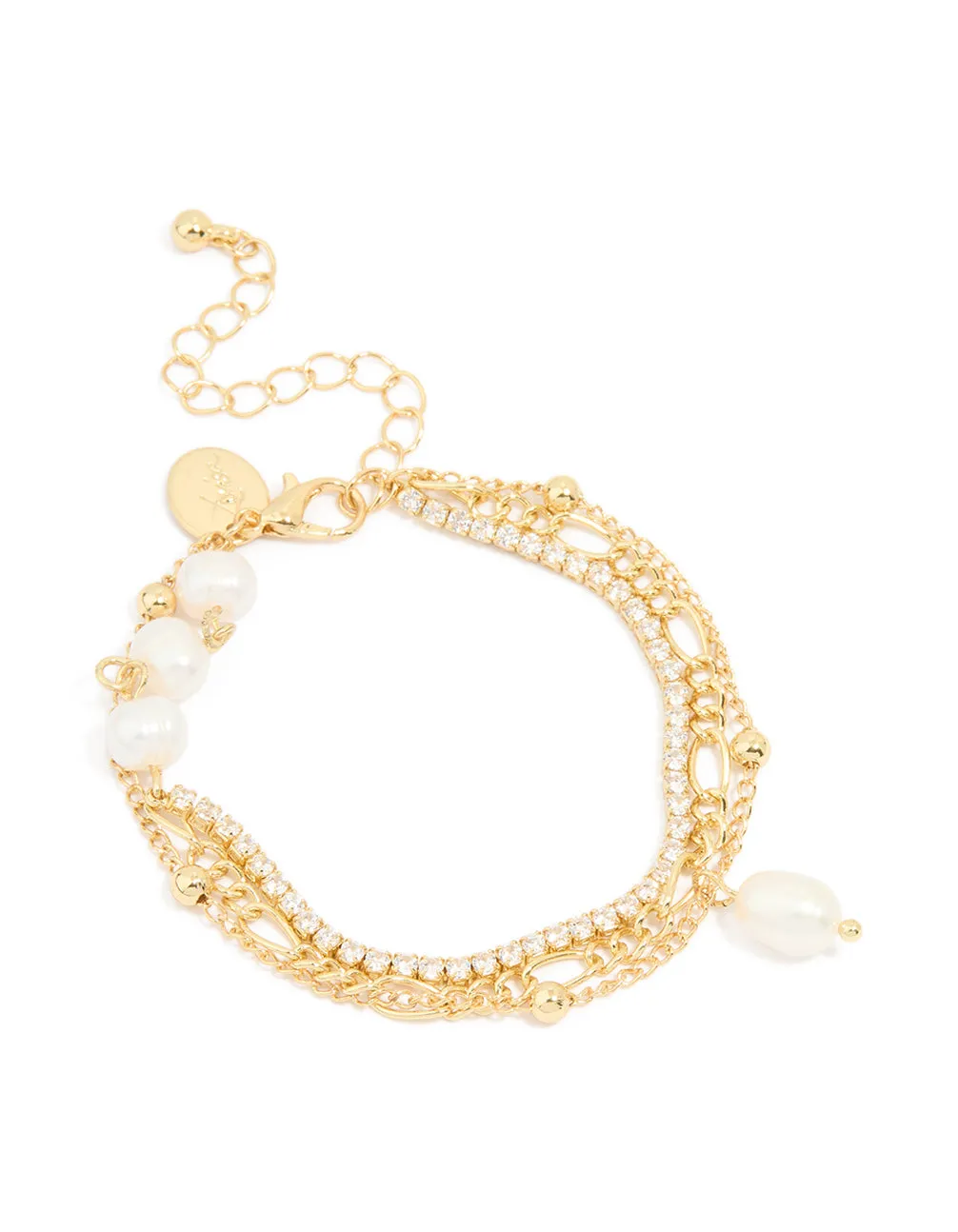 Gold Plated Freshwater Pearl Diamante Layered Chain Bracelet sold by lovisa