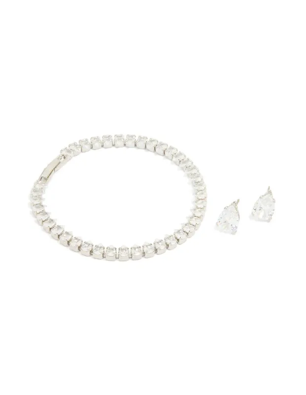 Silver Cubic Zirconia Earrings & Tennis Bracelet Set sold by lovisa
