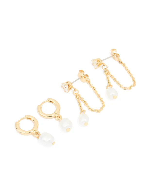 Gold Pearl Huggie & Chain Stud Earrings 2-Pack sold by lovisa