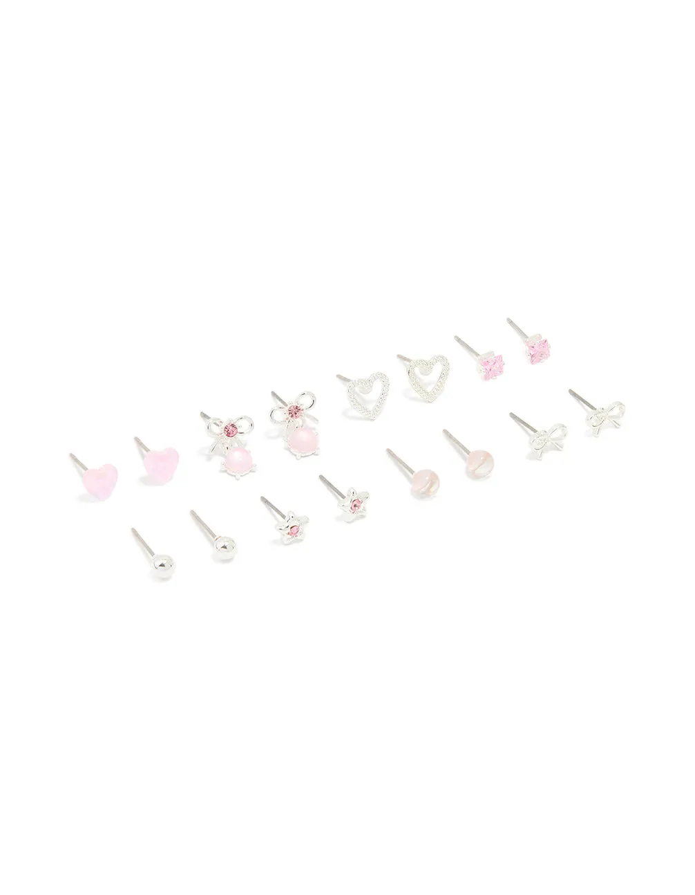 Silver Pink Diamante Heart & Bow Mixed Earrings 8-Pack sold by lovisa