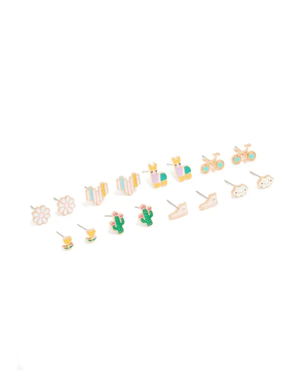 Gold Flower & Bike Stud Earrings 8-Pack sold by lovisa