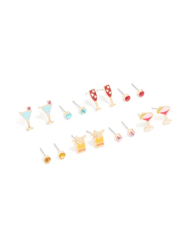 Gold Drinks & Diamante Stud Earrings 8-Pack sold by lovisa