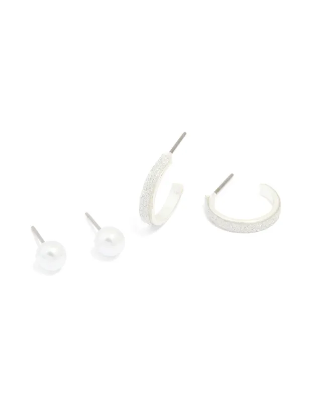 Silver Pearl Studs & Glitter Hoop Earrings 2-Pack sold by lovisa