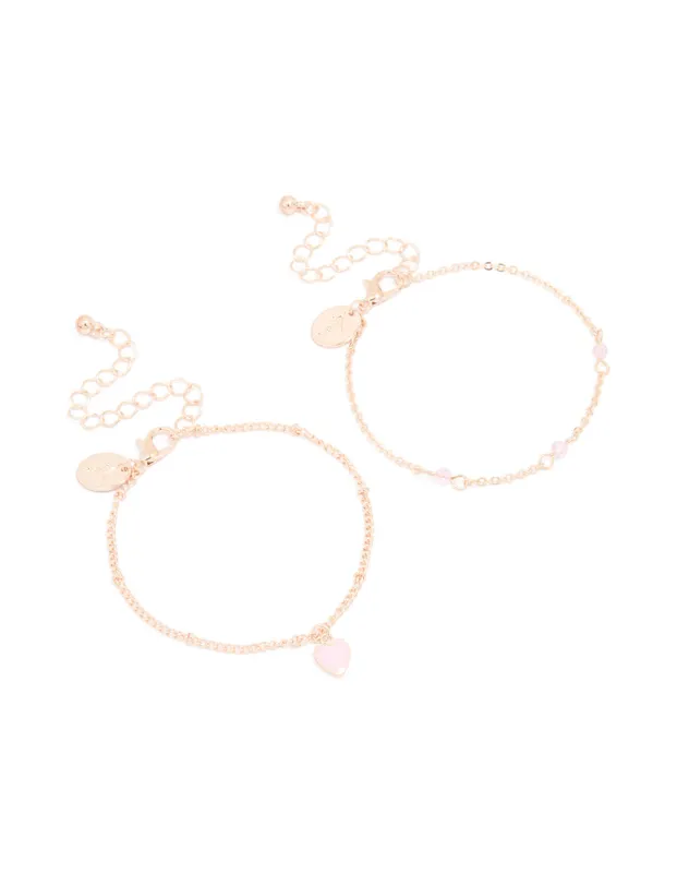 Rose Gold Pink Stone Heart Charm & Chain Bracelets 2-Pack sold by lovisa