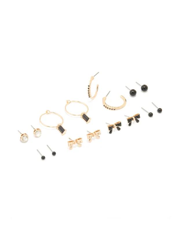 Gold Black Diamante & Bow Mixed Hoop Earrings 8-Pack sold by lovisa
