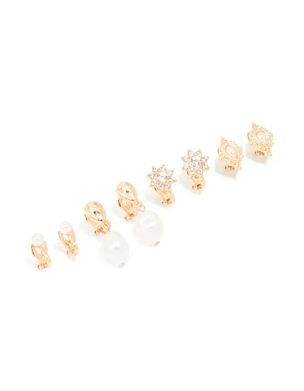 Gold Diamante & Pearl Clip-On Earrings 4-Pack sold by lovisa