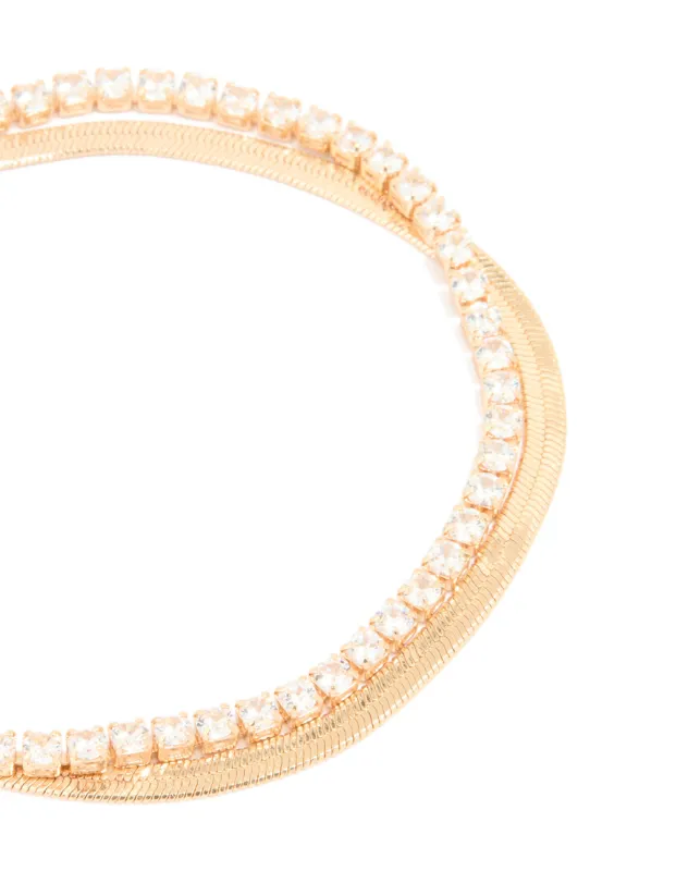 Gold Cubic Zirconia Snake Chain Layered Bracelet sold by lovisa