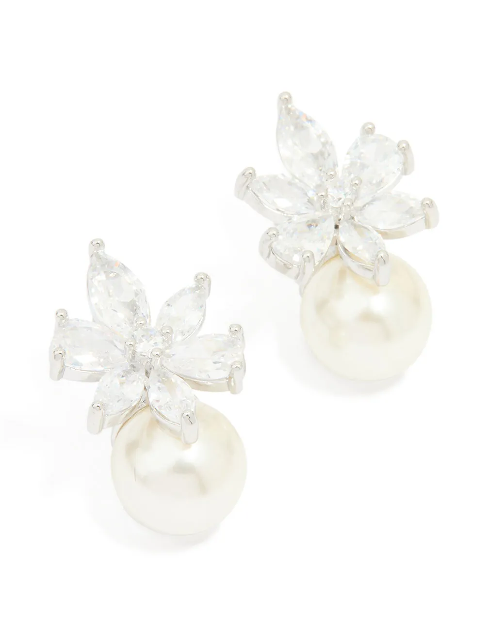 Silver Cubic Zirconia Flower Pearl Drop Earrings sold by lovisa