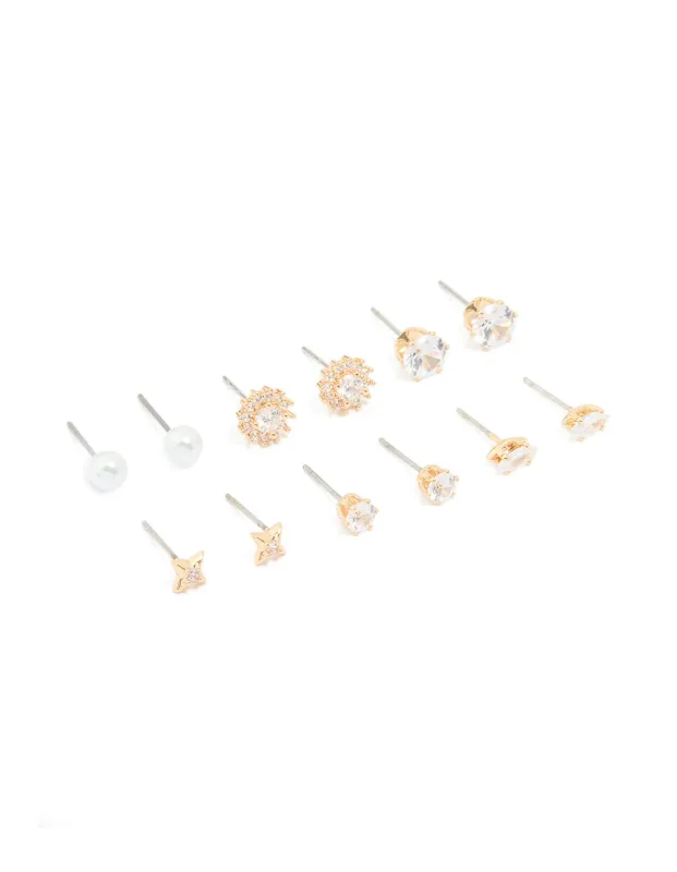 Gold Diamante Mixed Shaped Stud Earrings 6-Pack sold by lovisa