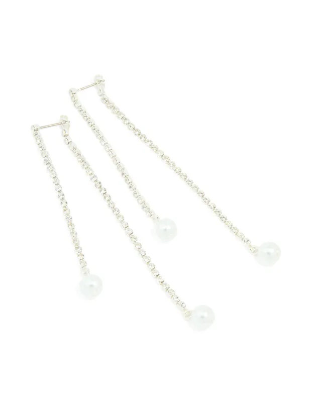 Silver Diamante Cup Chain Pearl Double Drop Earrings sold by lovisa