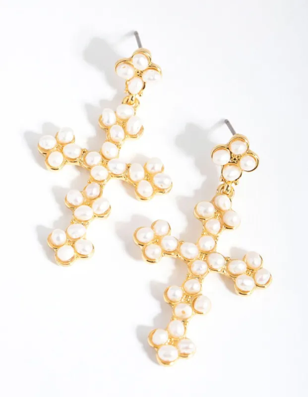 18ct Gold Plated Freshwater Pearl Cross Earrings sold by lovisa