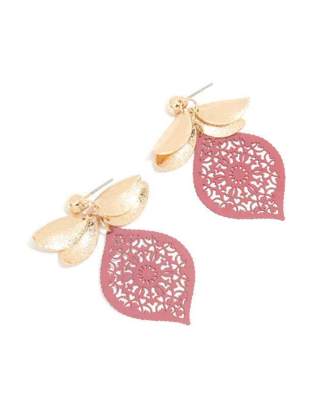 Gold Pink Filigree & Textured Leaf Drop Earrings sold by lovisa