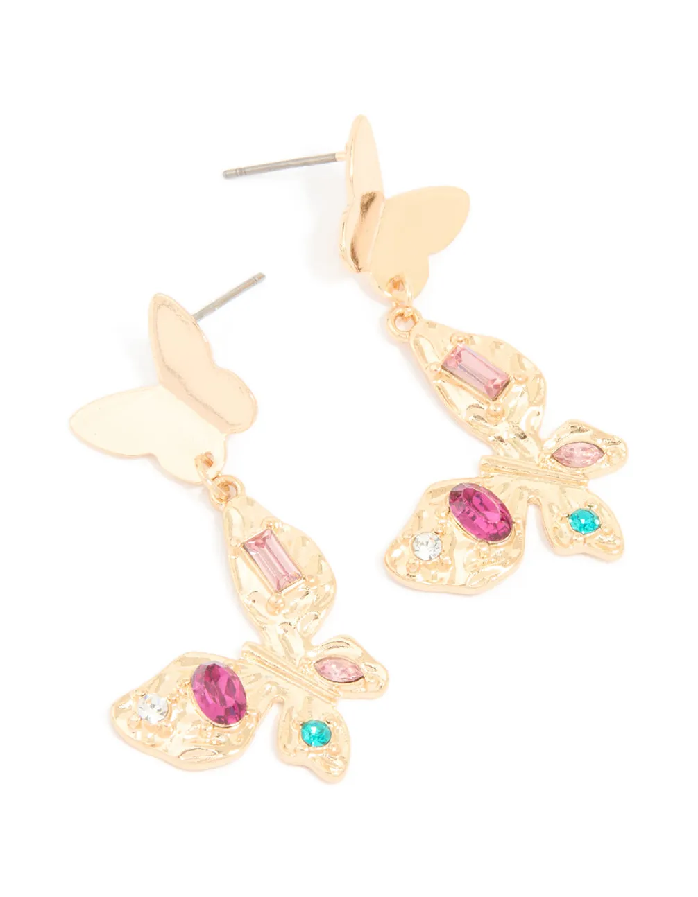 Gold Pink & Blue Diamante Butterfly Drop Earrings sold by lovisa
