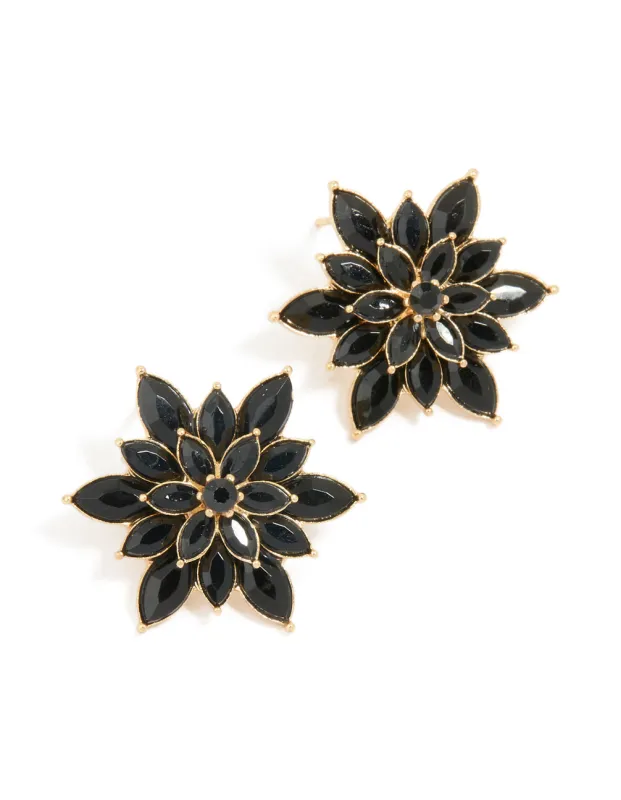 Gold Black Diamante Marquise Flower Stud Earrings sold by lovisa