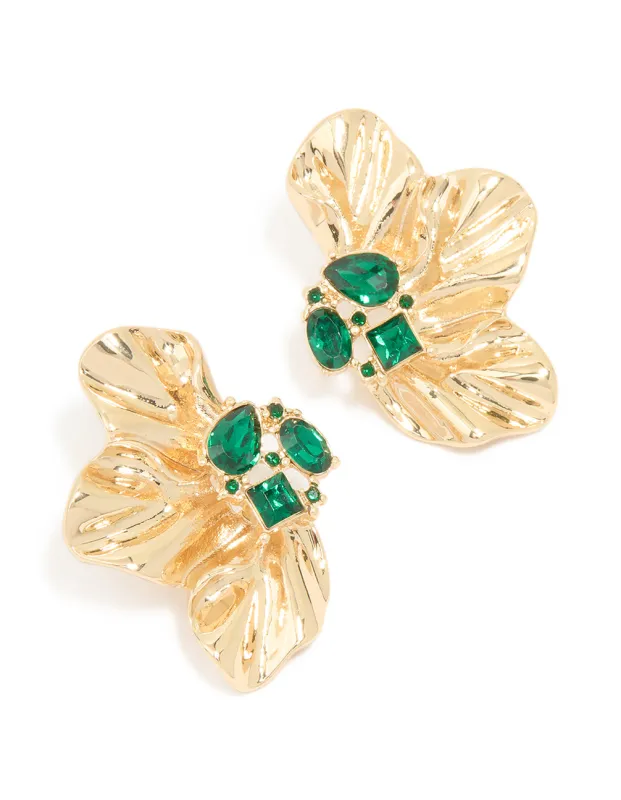 Gold Green Diamante Half Flower Stud Earrings sold by lovisa
