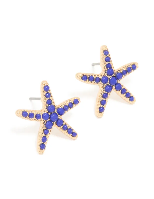 Gold Blue Diamante Starfish Stud Earrings sold by lovisa