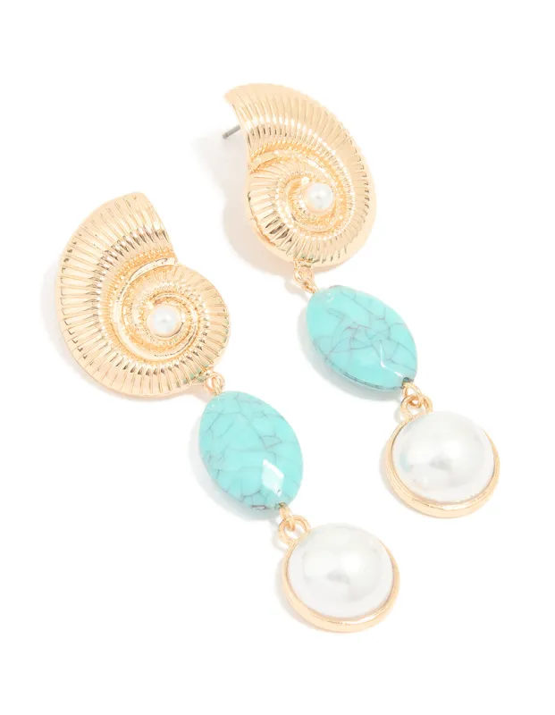 Gold Shell Aqua Stone Pearl Drop Earrings sold by lovisa